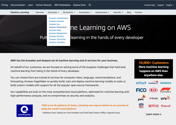 screenshot of AWS Machine Learning solutions page
