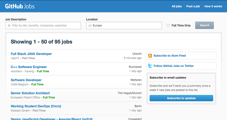 screenshot of GitHub Jobs website