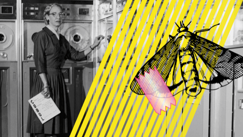 Grace Hopper old image and bug illustration