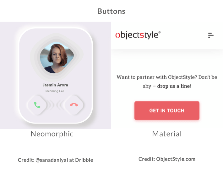 Neomorphic button versus material button illustration