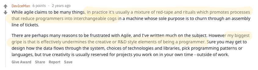 developers dislike Agile Reddit highlight 2