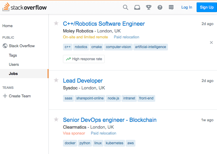 screenshot of StackOverflow jobs illustrating their job posting capabilities