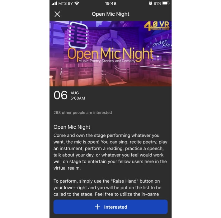 VR open mic night announcement screenshot
