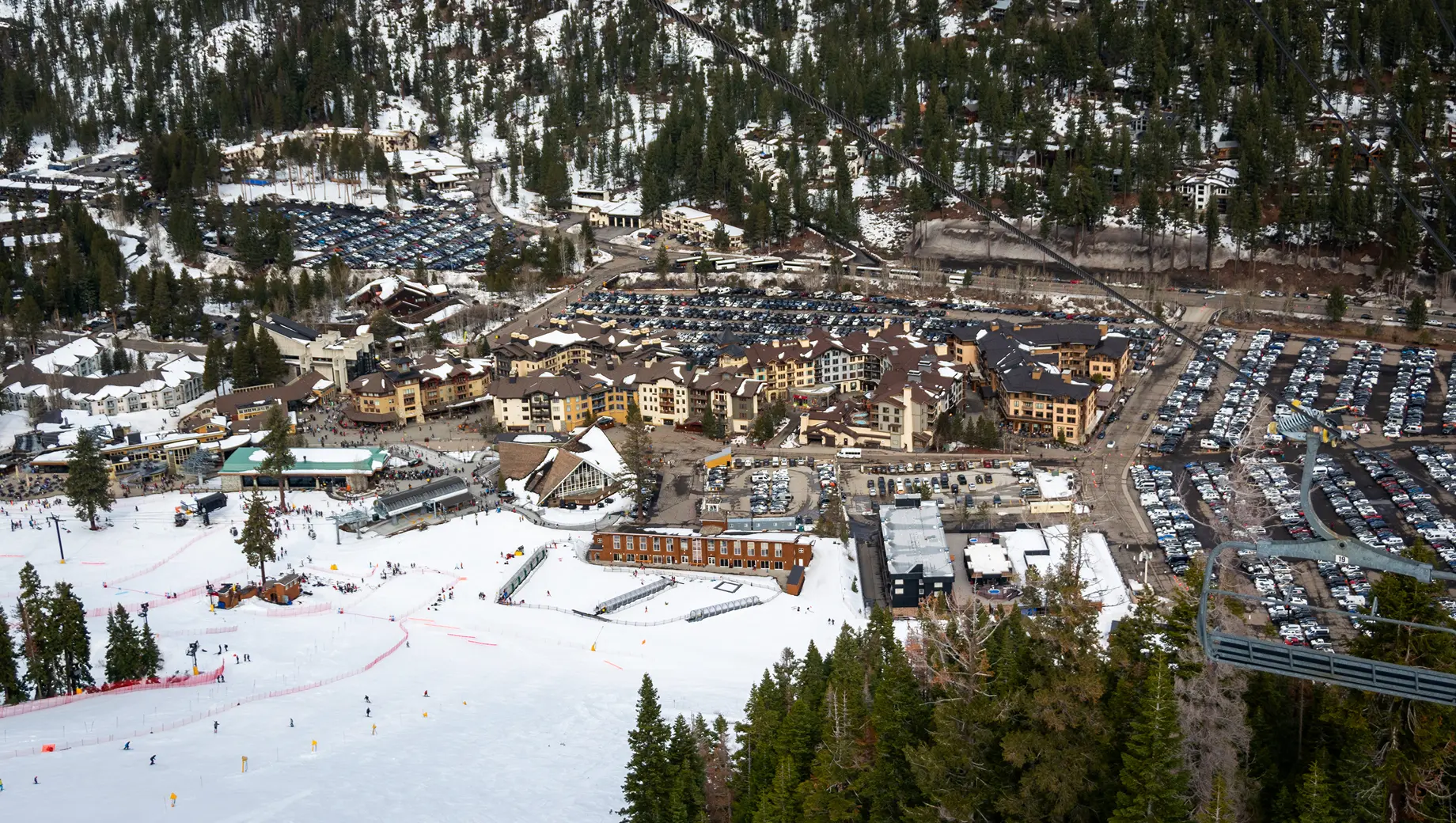 A modern view of Palisades Tahoe in Squaw Valley (now known as Olympic Valley), California, United States where the 1960 Winter Olympics took place.