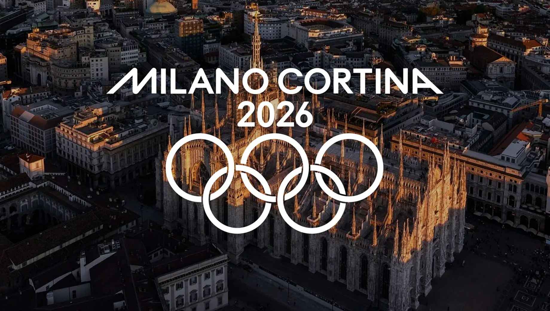 Milano Cortina 2026 logo over an aerial view of Duomo di Milano, representing the future of Winter Olympics technology and broadcasting.